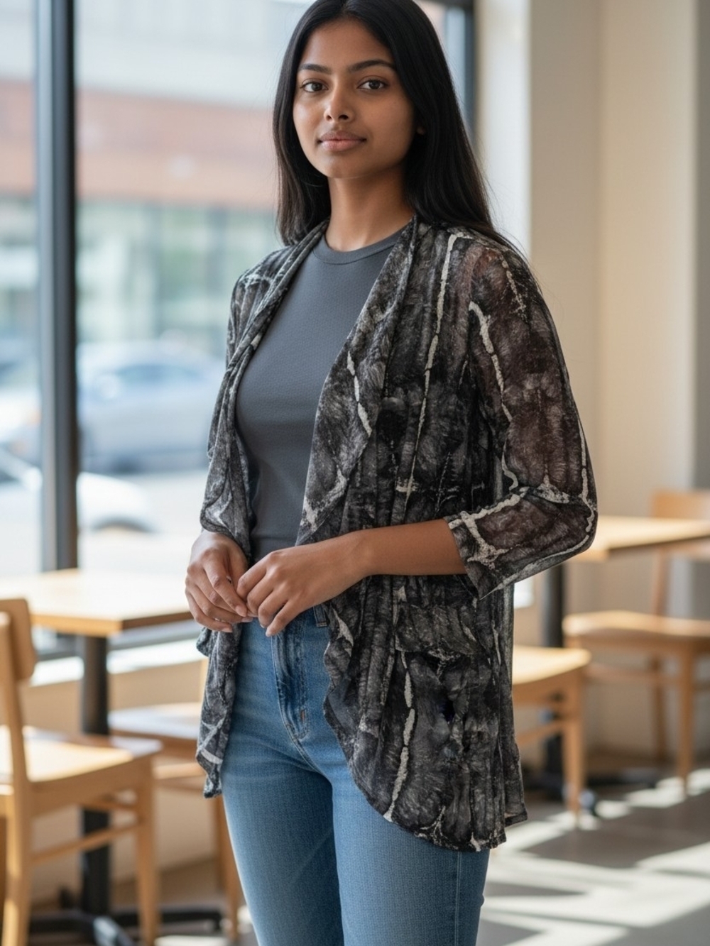 Free People Black and Gray Sheer Open-Front Cardigan